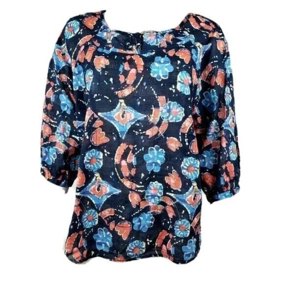 CJ Banks Top Womens Plus Size X Blue Orange‎ Sheer Short Sleeve Lightweight